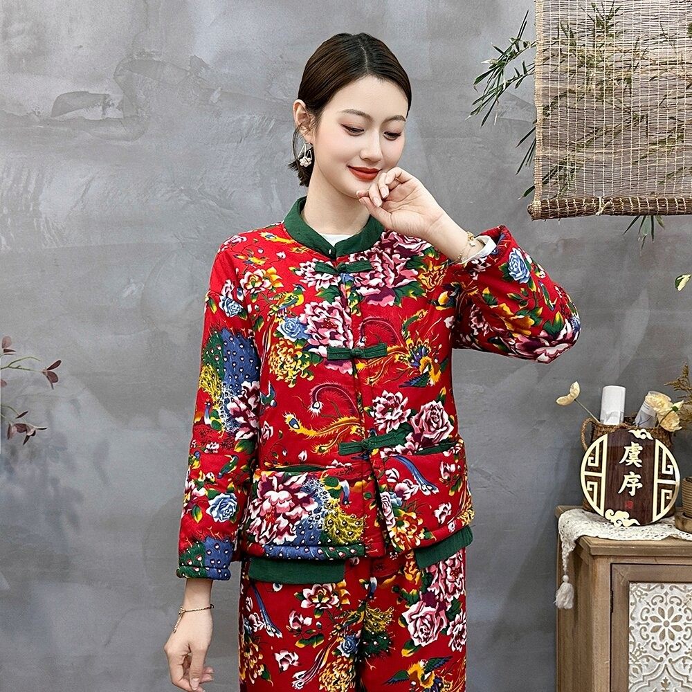 冬季网红中国风民族风东北花立领复古盘扣棉衣棉裤棉袄广场舞套装,淘宝优惠券,粉丝福利购,淘宝优惠卷