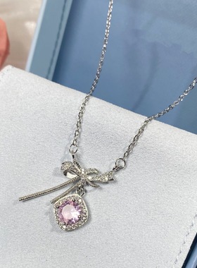 小众轻奢粉色蝴蝶结锆石锁骨链