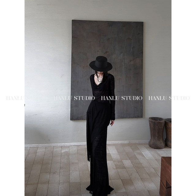 HanLu studio ຍີ່ຫໍ້ຊຸດບຸກເບີກສີເຂັ້ມໄດ້ຜ່ອນຄາຍຄໍ swing ສະຫມໍ່າສະເຫມີເລັກນ້ອຍເຫັນຜ່ານ linen ເທິງແຂນຍາວ