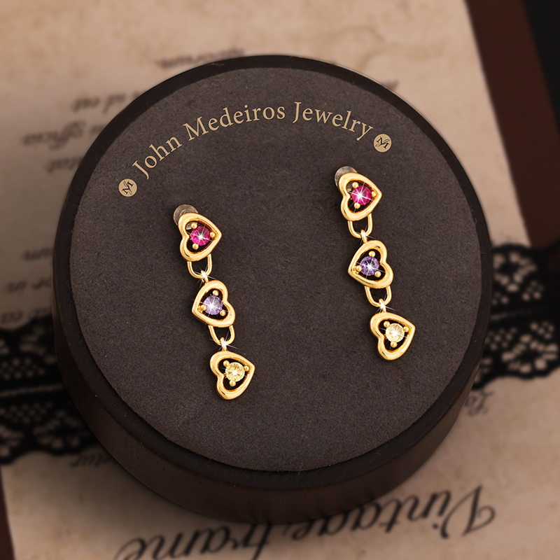 意大利john medeiros三色宝石流苏爱心耳钉高级感轻奢女领针耳环 - 图1