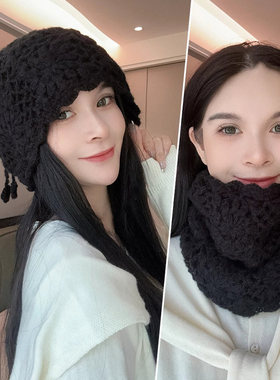 手工钩花围脖一体针织帽子女秋冬季保暖护脖毛线帽洋气百搭包头帽