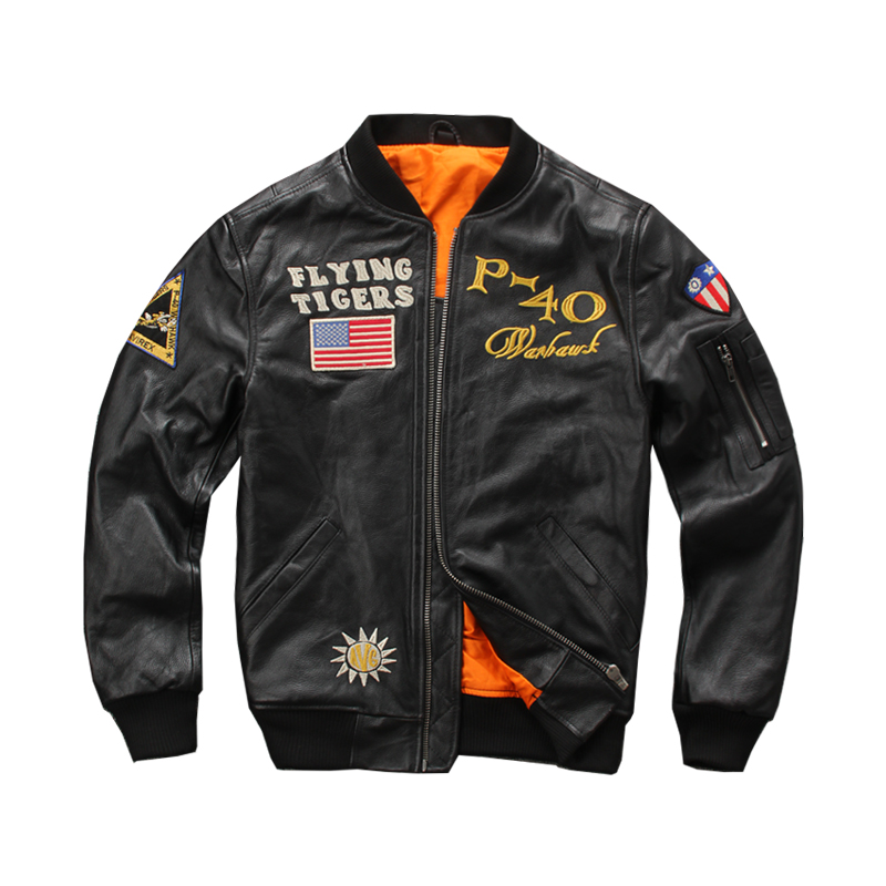 新品真皮皮衣男短款修身潮流MA-1飞虎队刺绣飞行服棒球皮夹克外套 - 图3