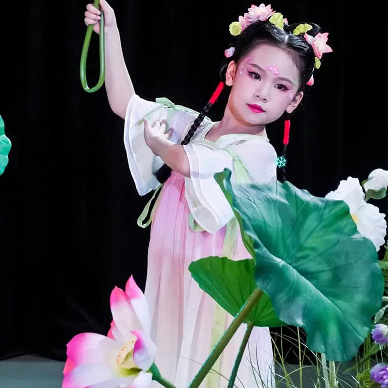 儿童汉服江南可采莲演出服古装连衣裙新款中国风襦裙古典舞蹈表演,淘宝优惠券,粉丝福利购,淘宝优惠卷