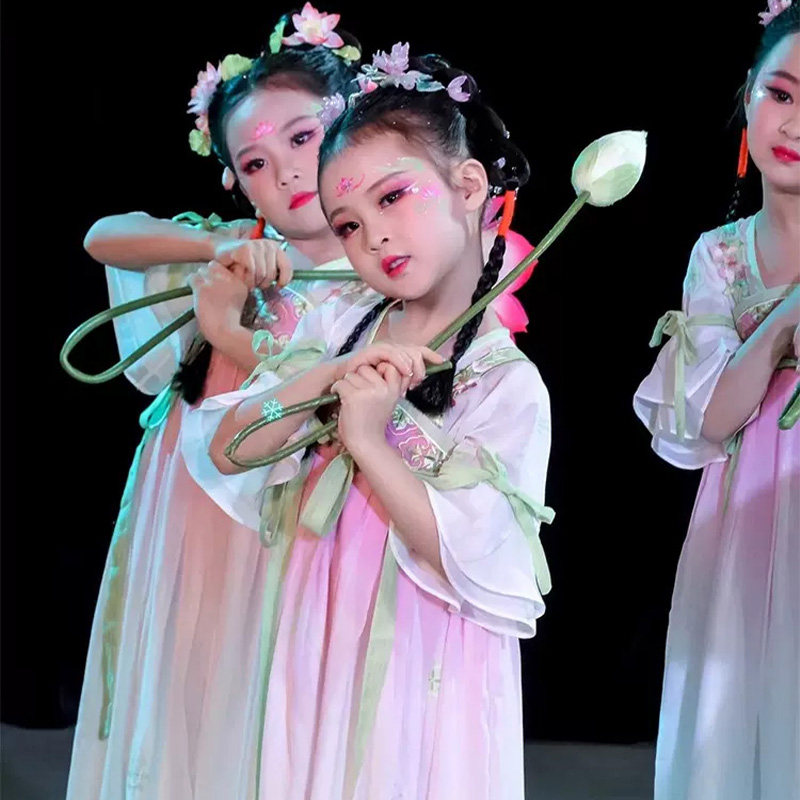 儿童汉服江南可采莲演出服古装连衣裙新款中国风襦裙古典舞蹈表演,淘宝优惠券,粉丝福利购,淘宝优惠卷