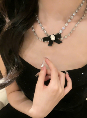 欧美双层水钻蝴蝶结项链女