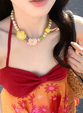 夏日多巴胺彩色串珠鸡蛋花项链女2025新款度假风锁骨链高颜值颈链