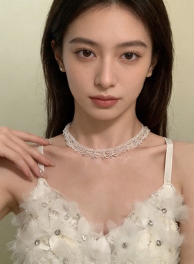 法式多层蕾丝透明串珠锁骨链