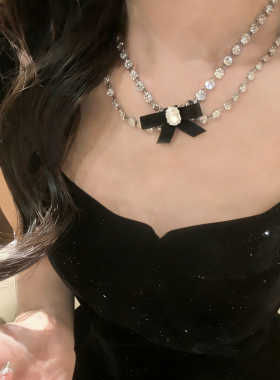 欧美双层水钻蝴蝶结项链女