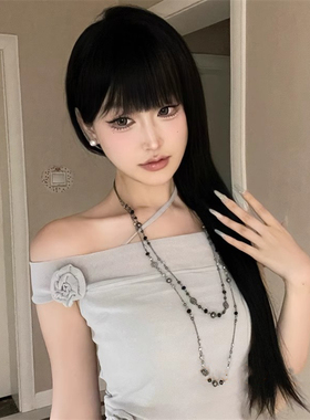 复古双层叠戴黑色串珠花朵项链甜酷辣妹波西米亚长款个性锁骨链