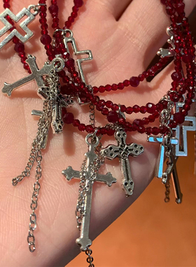 万圣节十字流苏红色串珠手链项链