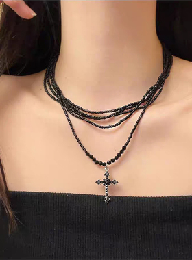 甜酷辣妹风黑色十字叠戴项链颈链