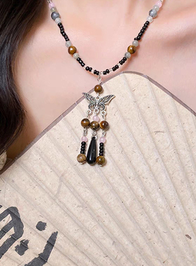新中式国风黑色串珠蝴蝶项链颈链