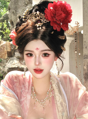 复古国风汉服红色绢花发夹
