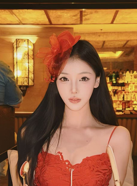 复古红色网纱蝴蝶结小礼帽发夹女