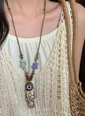 民族风彩色陶瓷鱼项链女小众设计感高级气质复古新中式长款项链