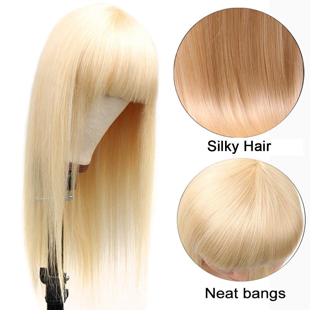 Blonde Human Hair Wigs Brazilian金黄色假发齐刘海直发全头套-图0