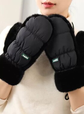 韩版毛茸连指手套男女情侣秋冬超厚防寒手套可爱冬季学生挂脖保暖