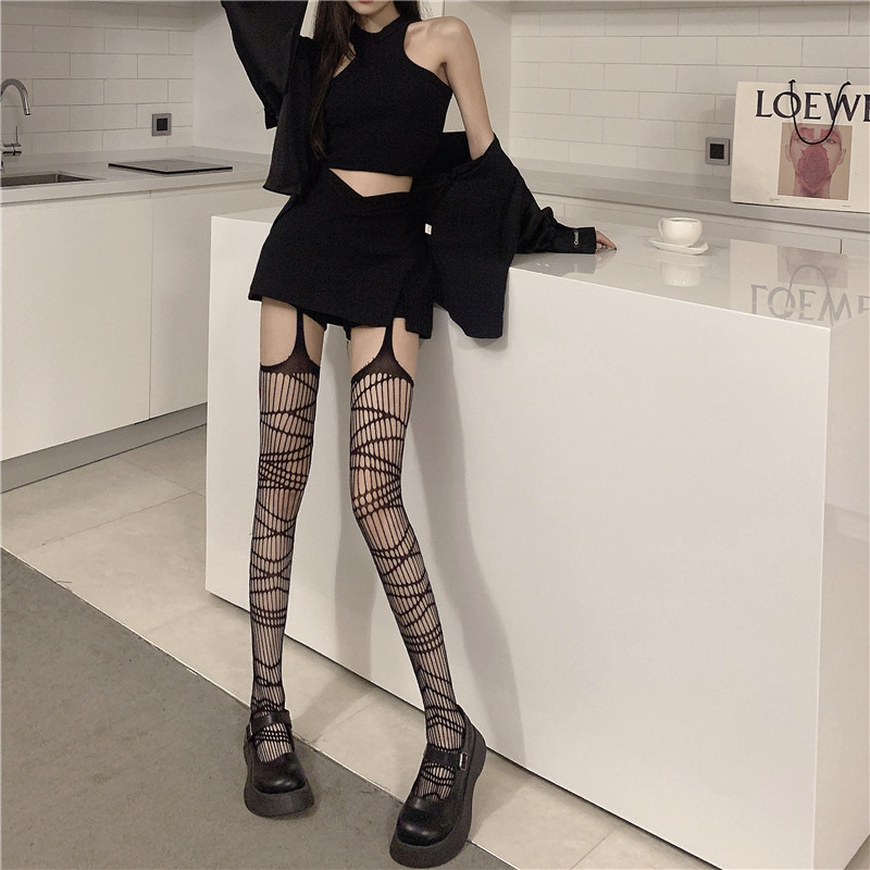 辣妹渔网袜吊带袜破洞一体镂空性感黑丝袜ins网红同款暗过膝袜女,淘宝优惠券,粉丝福利购,淘宝优惠卷