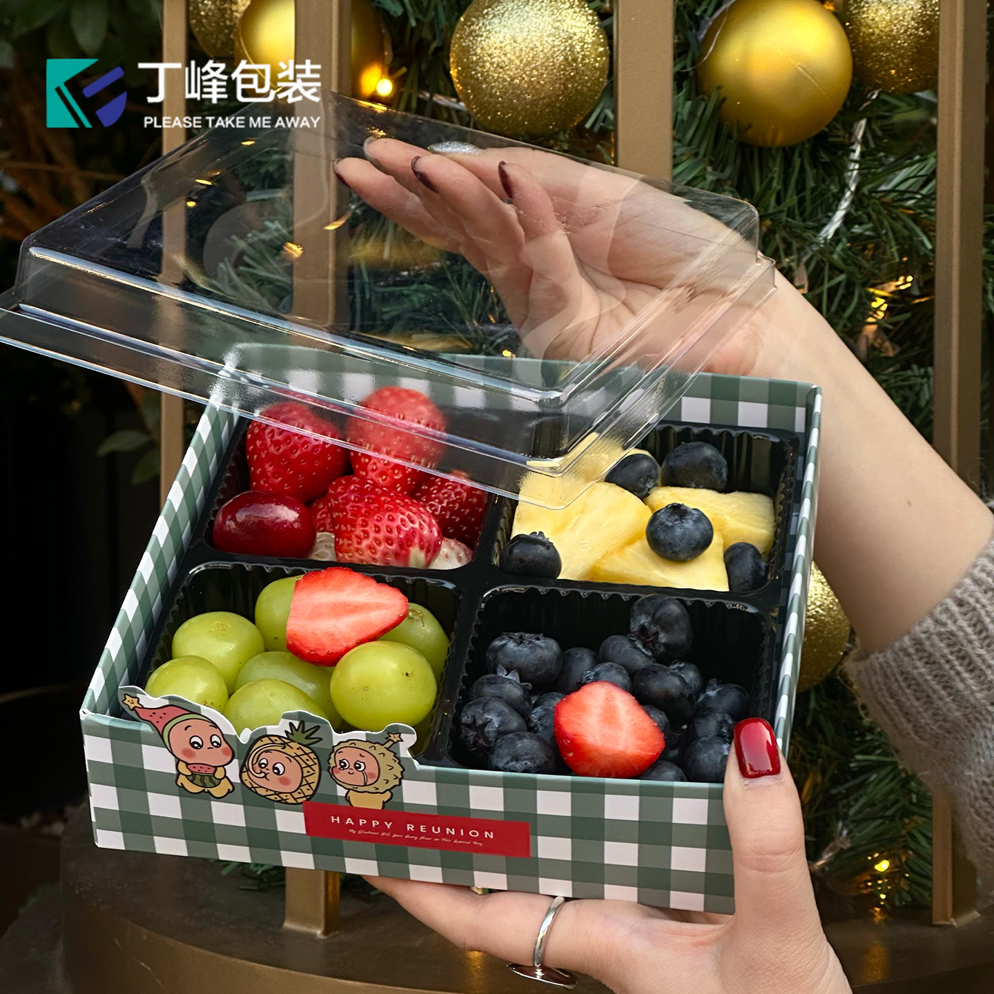丁峰·红绿配色果切盒 网红单/双/四拼创意水果切透明盖打包盒,淘宝优惠券,粉丝福利购,淘宝优惠卷