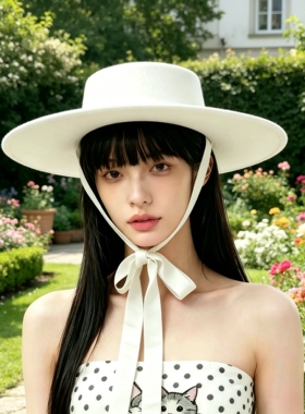 秋冬大平檐绑带礼帽走秀舞台演出造型婚纱宴会拍摄纯色毡帽