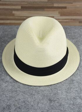 夏季乳白色草帽大头围遮阳帽夏季男士大码短帽檐中老年爵士帽
