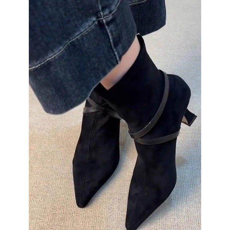 软皮高跟后拉链瘦瘦靴女2025磨砂皮带扣尖头气质短靴复古细跟单靴,淘宝优惠券,粉丝福利购,淘宝优惠卷