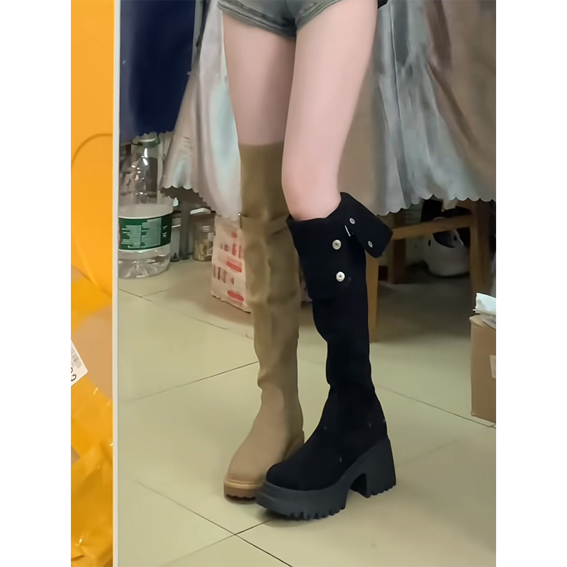 2025秋冬新款两穿翻折高筒靴平底长筒靴女厚底过膝显瘦绒面长靴子,淘宝优惠券,粉丝福利购,淘宝优惠卷
