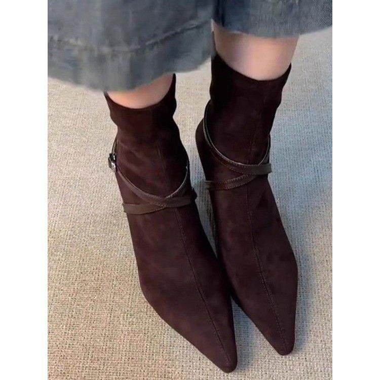 软皮高跟后拉链瘦瘦靴女2025磨砂皮带扣尖头气质短靴复古细跟单靴,淘宝优惠券,粉丝福利购,淘宝优惠卷