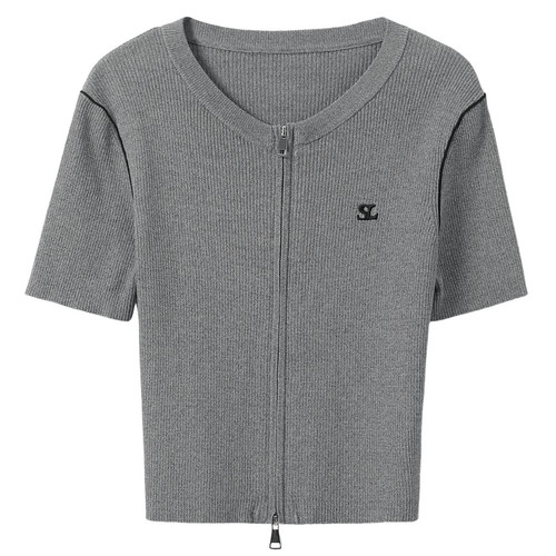 ibudu2025夏季新款坑条针织衫圆领拉链开衫短袖修身短款女 - 图3