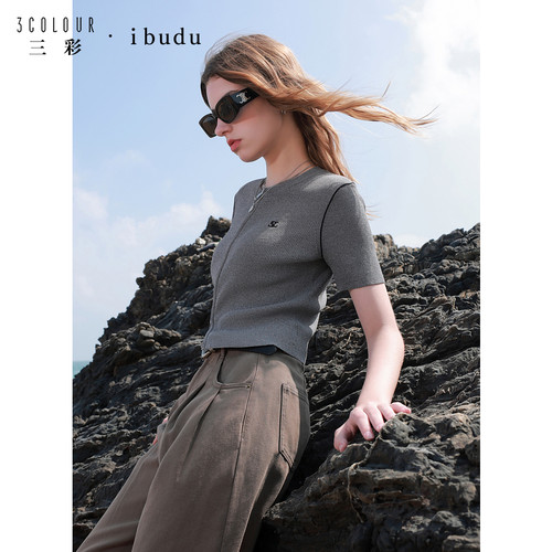 ibudu2025夏季新款坑条针织衫圆领拉链开衫短袖修身短款女 - 图0