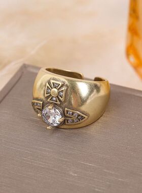 中古风小众设计镶锆石戒指小众百搭高级感土星开口食指指环女