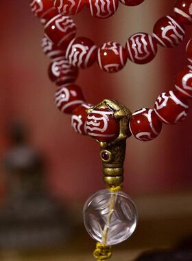 天然玛瑙大鹏鸟天珠项链古法老料包浆文玩佛珠多圈手串白水晶配饰