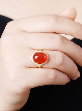 抖音保山冰飘仿南红戒指女高档轻奢镀S925银冰仿红宝石食指戒气质