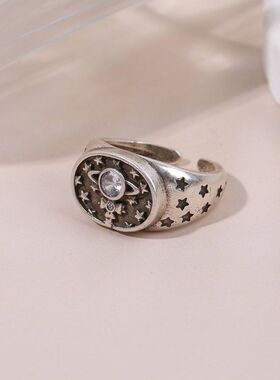 小众高级感做旧土星星椭圆开口戒指个性时尚气质百搭指环戒子批发