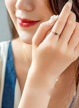 镀S925银戒指女仿天然蓝宝石黑金蝴蝶玫瑰金女戒气质时尚百搭