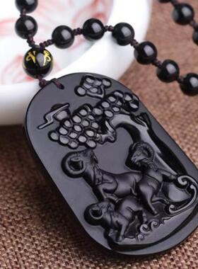 天然黑曜石三羊开泰吊坠羊牌挂件生肖羊车挂手把件男女款送证书