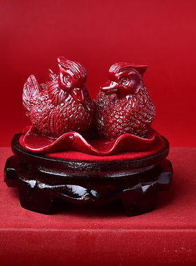 天然朱砂一对鸳鸯摆件百年好合天生一对礼物结婚床头红色摆件紫金