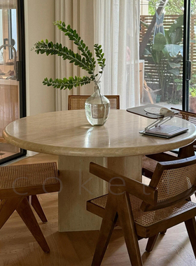 侘寂风极简风格天然罗马洞石圆形餐桌设计师款小户型餐台吃饭圆桌