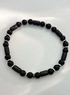 欧美时尚黑色木珠手链小众百搭黑胆石隔片串珠弹力手链