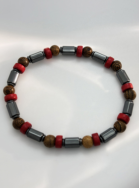 欧美百搭红色木珠隔片手链黑胆石六角圆柱串珠弹力手链