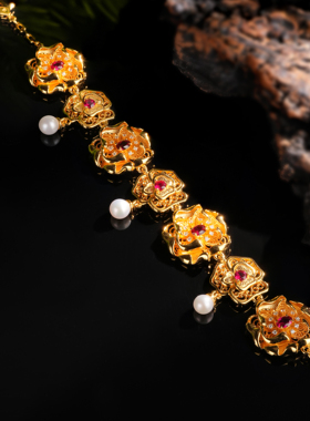 VISING培育红宝石【国检证书】鸽血红黄金色花朵珍珠手链手串S925