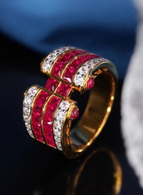 VISING珠宝培育红宝石《彩虹桥》黄金色戒指指环S925银