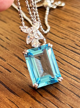 VISING珠宝天然18克拉海蓝宝色托帕石吊坠项链锁骨链