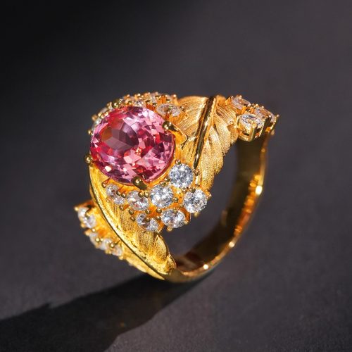 VISING珠宝3.64克拉实验室培育蓝宝石帕帕拉恰红莲花色刻丝戒指 - 图0