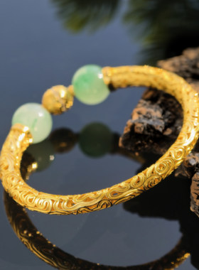 VISING珠宝天然非洲翠古法卷草纹金色手镯国风镯子S925银