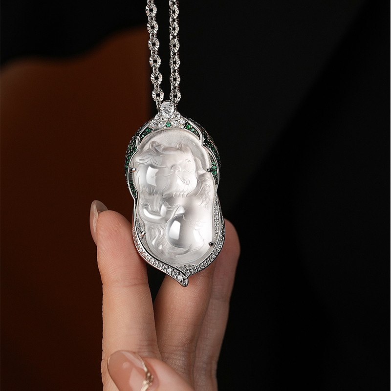 天然石英质玉水沫玉龙猫吊坠项链新中式配饰媲美翡翠 - 图1