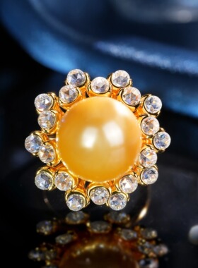 VISING珠宝爆闪玫瑰切钻黄金色贝珠金珠戒指S925银