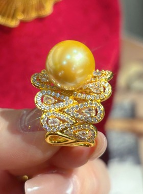 VISING珠宝【盛世】金色贝珠仿珍珠戒指S925银12mm金珠重工霸气款