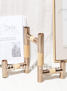 粤萱简约现代实木金属烛台摆件样板间售楼处酒店大厅家庭茶几软装