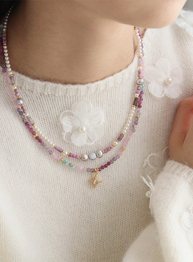 Y家原创紫色天然石十字架串珠项链叠戴精致复古百搭高级感首饰